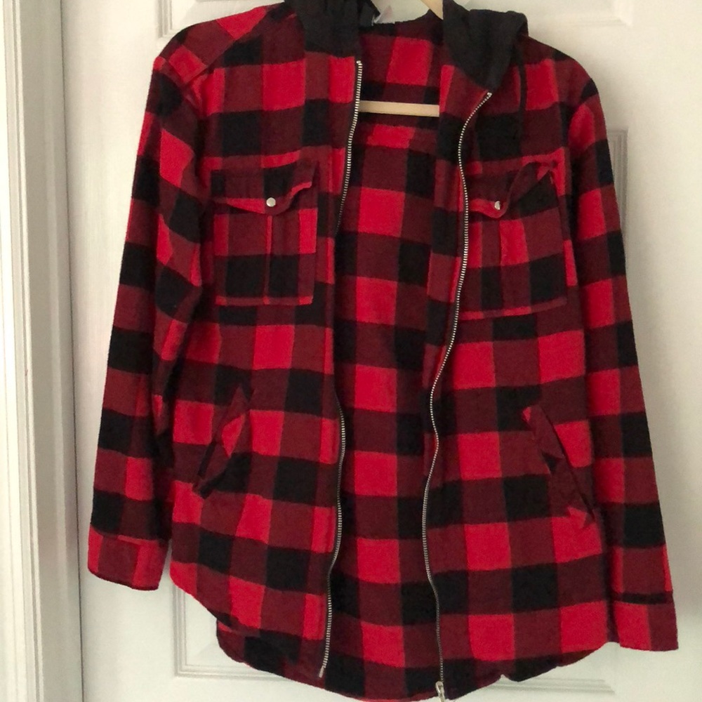 Red black buffalo plaid flannel zip jacket shirt